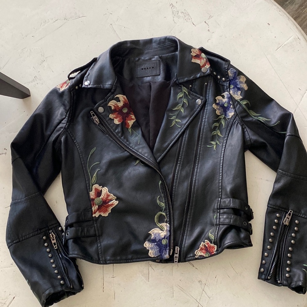 BLANKNYC vegan leather jacket w/ embroidered flowers